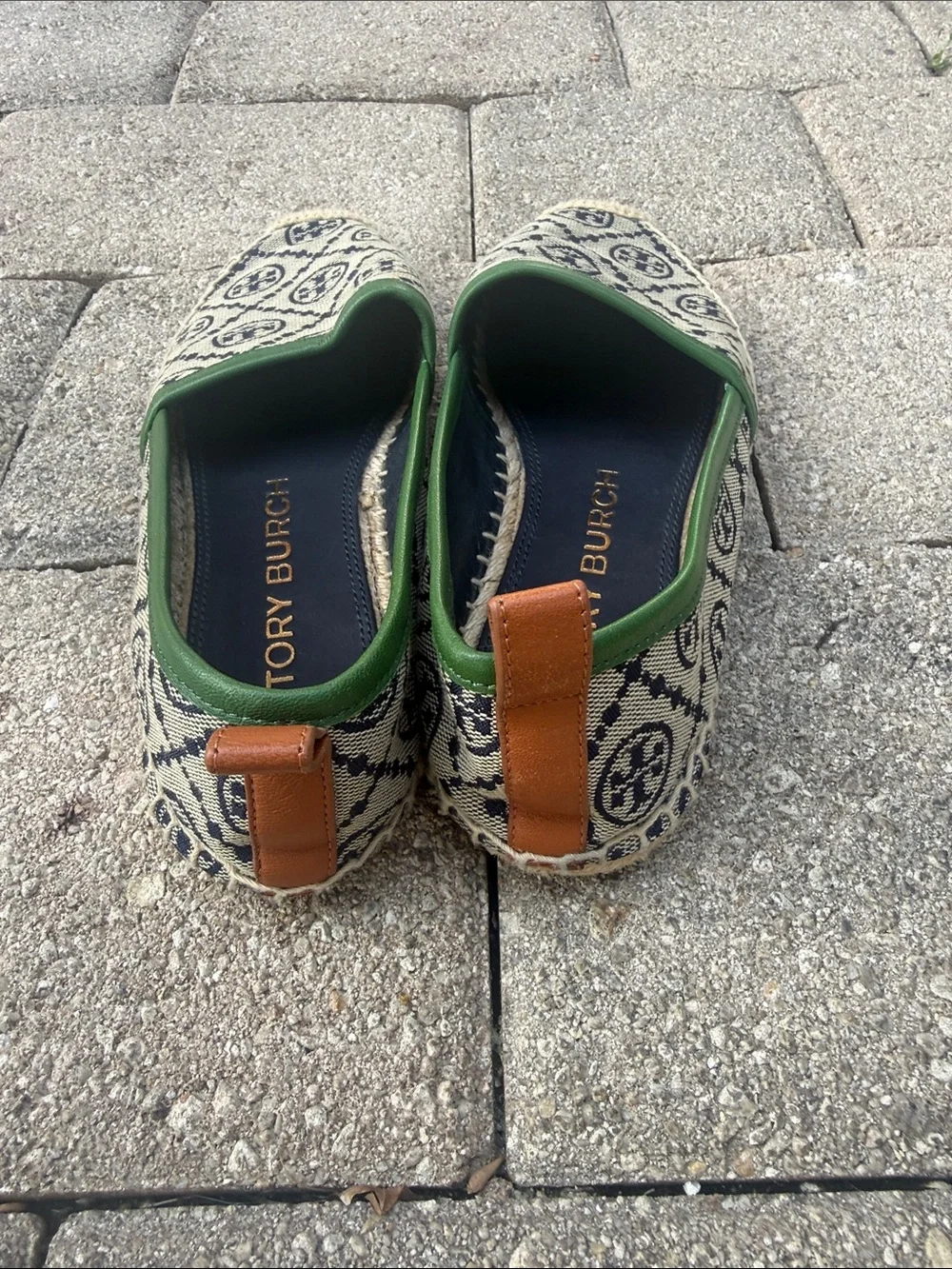 Tory Burch Navy Logo Canvas Espadrilles with Green Trim